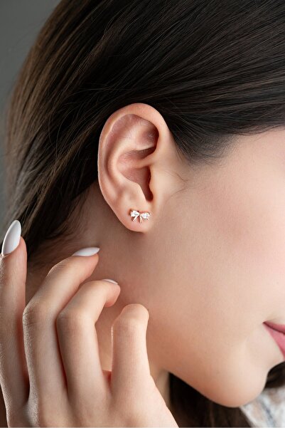 ESSARE 925 Ayar Gümüş Beyaz Zirkon Taşlı Papyon Model Küpe