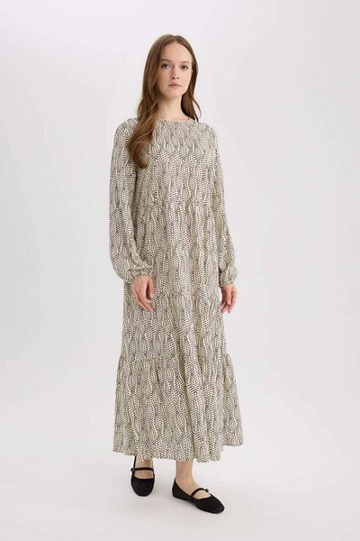 DeFacto New Season Crew Neck Patterned Long Sleeve Maxi Hijab Dress