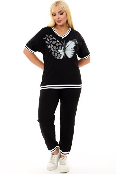 Kheos Удобен анцуг с къс ръкав, джоб с V-образно деколте и шарка на пеперуда с камък, ластик на талията и връзки