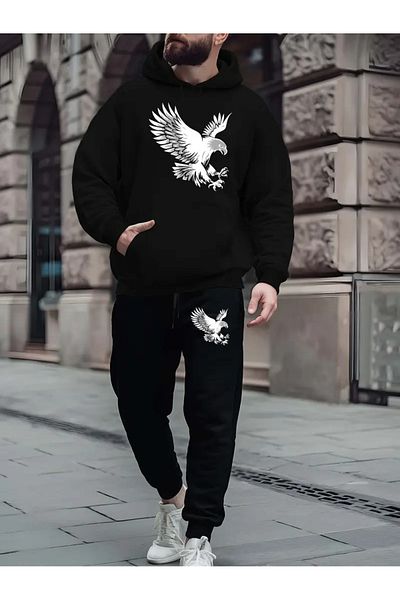 FULL TOLERANCE Yd Desi̇ng Hoodi̇e Sports Eagle Printed Oversize Bottom-Top Set