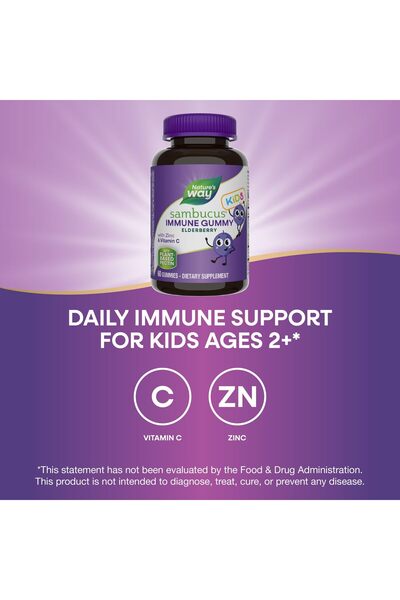 Nature's Way Sambucus Elderberry Immune Gummies for Kids, Black Elderberry, Vitamin C, Zinc, 60 Gummies
