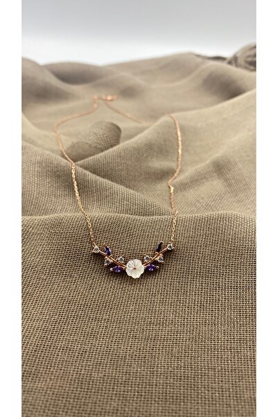SURA SILVER BEYAZ&MOR TAŞ MANOLYA MODEL 925 ROSE GÜMÜŞ KOLYE