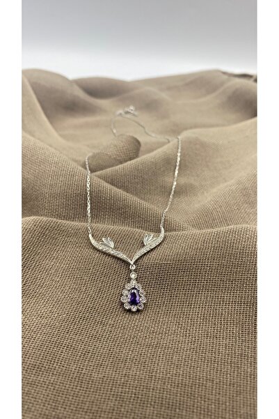 SURA SILVER Ametist Damla Model 925 Ayar Rodaj Gümüş Kolye