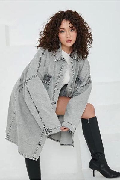 COjans Straight Shirt Collar Women's Gray Bird Eye Pocket Denim Jacket