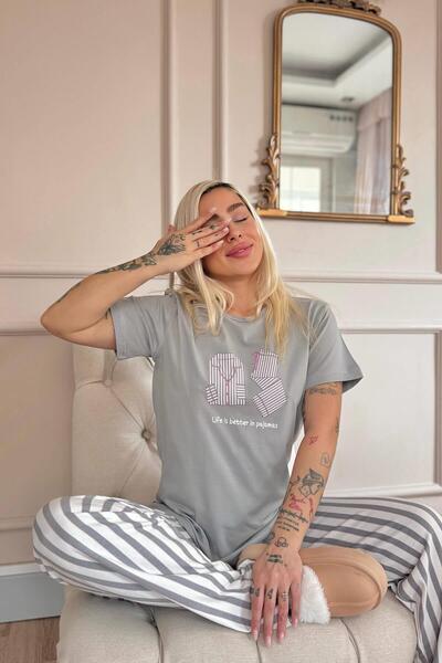 Pijamaevi Szürke pizsama mintás pamut rövid ujjú női pizsama szett