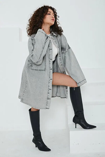 COjans Straight Shirt Collar Women's Gray Bird Eye Pocket Denim Jacket