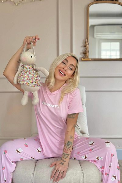 Pijamaevi Light Pink Be Happy Patterned Bamboo Short Sleeve Women's Pajamas Set