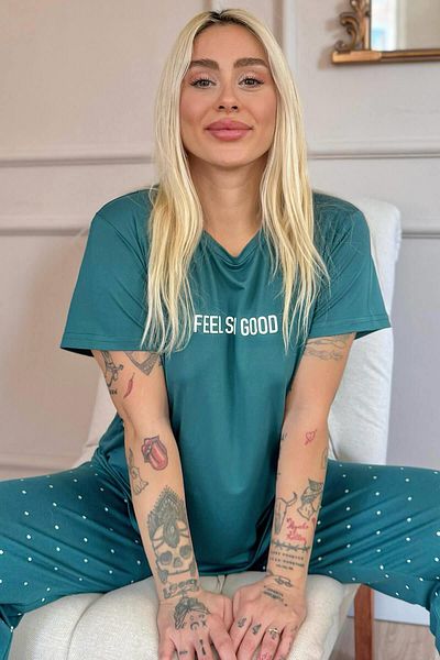 Pijamaevi Petrol Feel Patterned Bamboo Short Sleeve Women's Pajamas Set