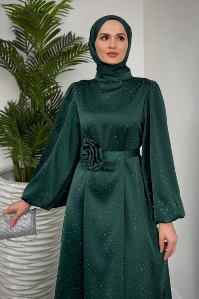 MERVEN AKYÜZ Margherita Stone Balloon Sleeve Evening Dress Emerald Color