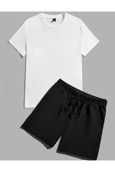 DEZZİİ White Back Never Look Printed Bottom Top Shorts T-Shirt Set