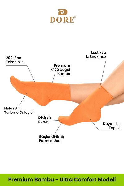 Dore Original Women's 2 Pairs Premium Natural Bamboo Soft Ultra Comfort Model Elasticless Seamless Socket Socks