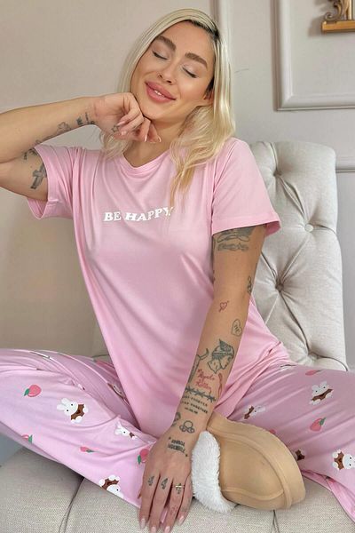 Pijamaevi Light Pink Be Happy Patterned Bamboo Short Sleeve Women's Pajamas Set