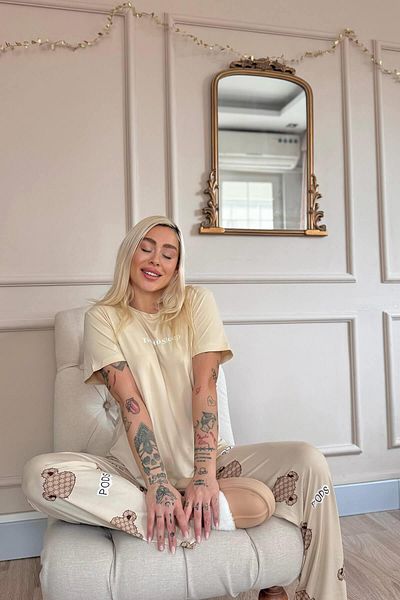 Pijamaevi Beige Time Patterned Bamboo Short Sleeve Women's Pajama Set