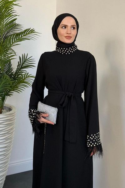 MERVEN AKYÜZ Βραδινό φόρεμα Mimoza Sleeves Stoned Crepe - Μαύρο