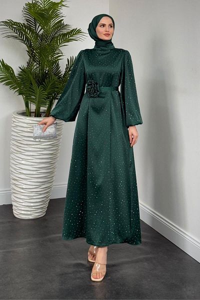 MERVEN AKYÜZ Margherita Stone Balloon Sleeve Evening Dress Emerald Color