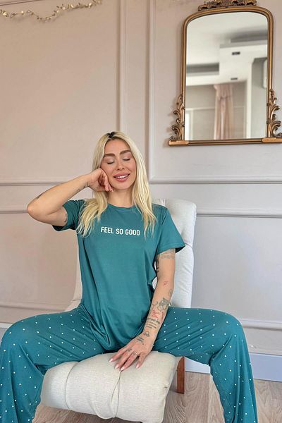 Pijamaevi Petrol Feel Patterned Bamboo Short Sleeve Women's Pajamas Set