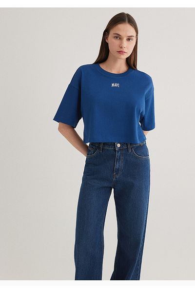 Mavi tricou crop bleumarin cu imprimeu logo