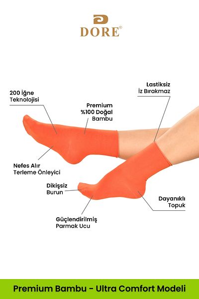 Dore Original Women's 2 Pairs Premium Natural Bamboo Soft Ultra Comfort Model Elasticless Seamless Socket Socks