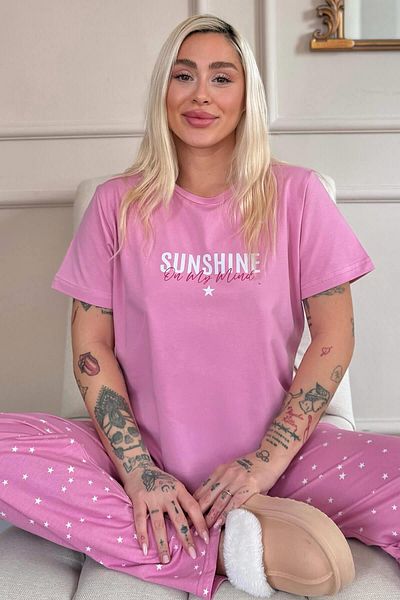 Pijamaevi Powder Sunshine Patterned Cotton Short Sleeve Women's Pajamas Set