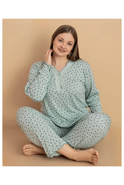 pijamakeyfi Kadın Büyük Beden Pijama Takımı Düğmeli & Dantel V Yaka Bambu Kum...