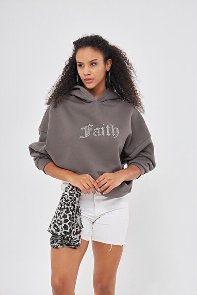 GIA - ART Faith Written Stone Printed Hooded Fleece Oversize Smoked Sweatshirt