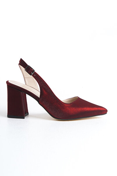 Shoesers Kadın Bordo Saten Kumaşlı Asimetrik Bantlı Sivri Burunlu Kalın Topuklu Ayakkabı