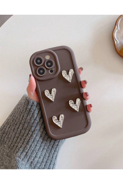 FİŞNEİLETİŞİM حافظة آيفون 14 بروماكس متوافقة مع 3D SILVER HEART BROWN