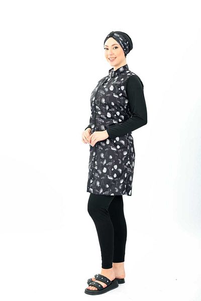 ENDYMION Printed Full Covered Lace up Boned Parachute Fabric Hijab Swimsuit
