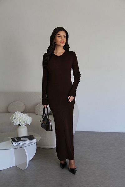 Julidress Кафява дълга рокля с тънко плетено деколте