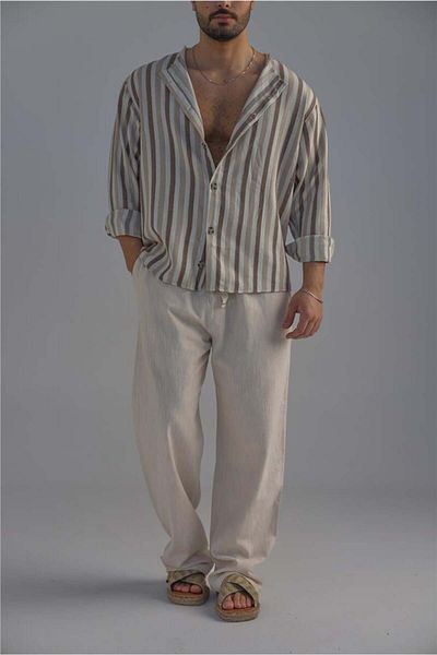 OUTFİT MAN Men's Collarless Striped Linen Shirt Brown
