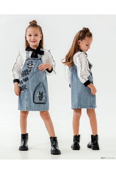 Pasur Bebe Girl's Ribbon Shirt Denim Gilet Dress
