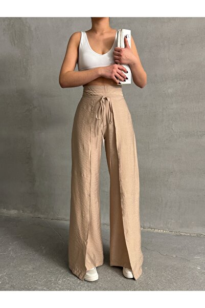 Lusin Women's Beige Lace-Up Slit Detailed Comfortable Fit High Waist Pants