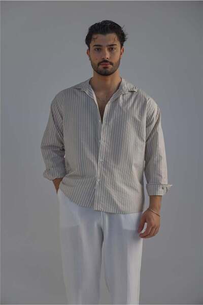OUTFİT MAN Erkek Çizgili Gömlek Krem