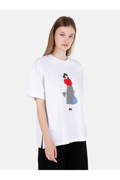Colin's Λευκό Γυναικείο Tshirt Σκούρο μανίκι