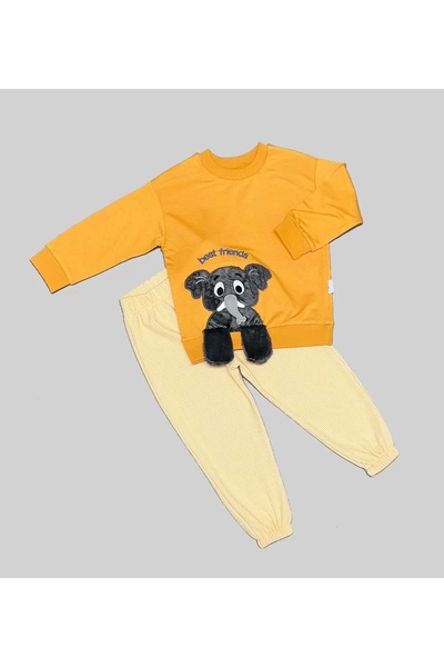 The LOG INVEST Elephant Rocking Foot Patterned Lycra Combed Fabric Sweat Pants Girls Boys 2 Piece Children's Set Orange