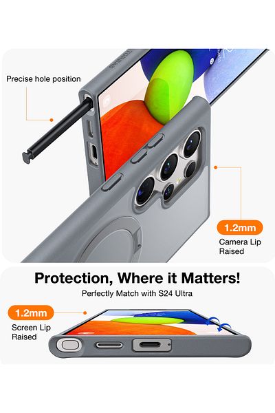 TORRAS MagSafe Ring Stand Case for Samsung S24 Ultra: Military-Grade, Slim, Translucent, Gray