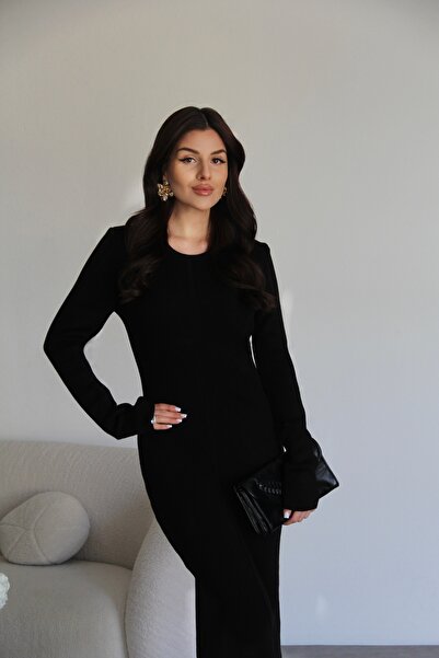 Julidress Siyah Bisiklet Yaka Maxi Uzun Boy Ince Triko Elbise