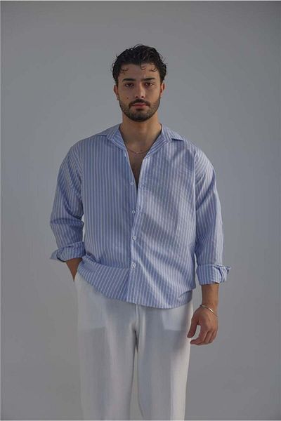 OUTFİT MAN Light Blue Striped Men's Shirt