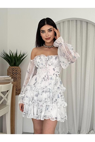 Butik Hepa-GG Straplez Mini Şifon Elbise Beyaz