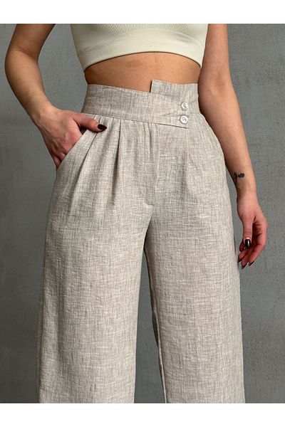 Lusin Women's Beige Stylish Design Double Button Detailed Pleated Palazzo Linen Trousers