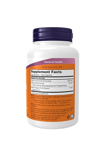 Now Foods Alpha Lipoic Acid 600mg with Grape Seed Extract & Bioperine®, 120 Veg Capsules