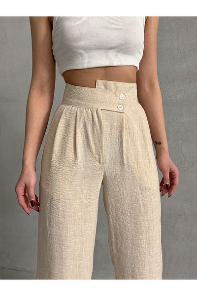 Lusin Pantaloni de damă Stone, cu design elegant, cu nasturi dublu, plisați, din in Palazzo