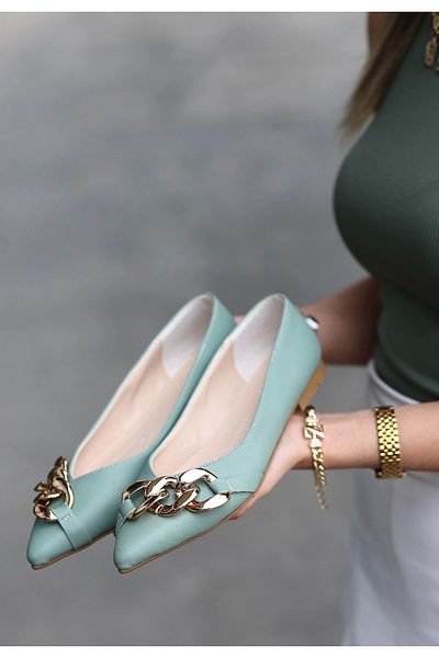 ECENAZELA Popi Mint Green Leather Chain Ballerina Shoes