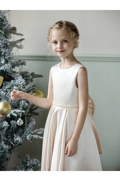 NSMLİFE Satin Flower Girl Dress with Pearls at Waist and Bow Round Neckline