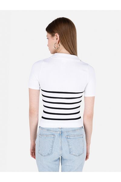 Colin's Slim Fit V-Neck Striped Women's White Short Sleeve T-Shirt