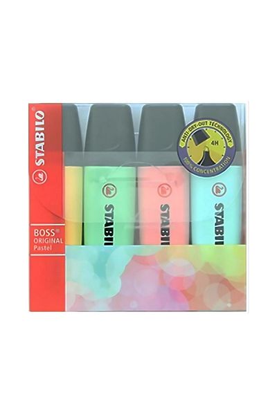 Stabilo |    Original Highlighter Set, 4 Pastel Colors, 2-5 mm Tip, Anti-Dry-Out Technology