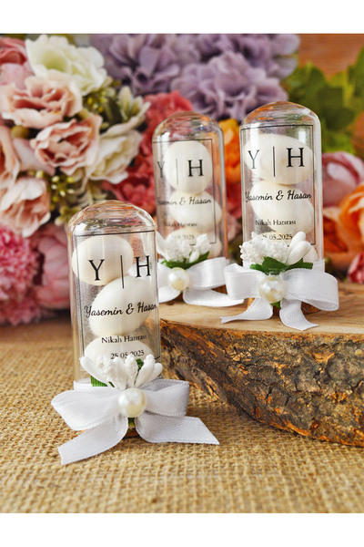 DECORA HOBİ Badem Şekerli Cam Ters Tüp Fanus Nikah Şekeri, Nişan, Söz, Nikah ...