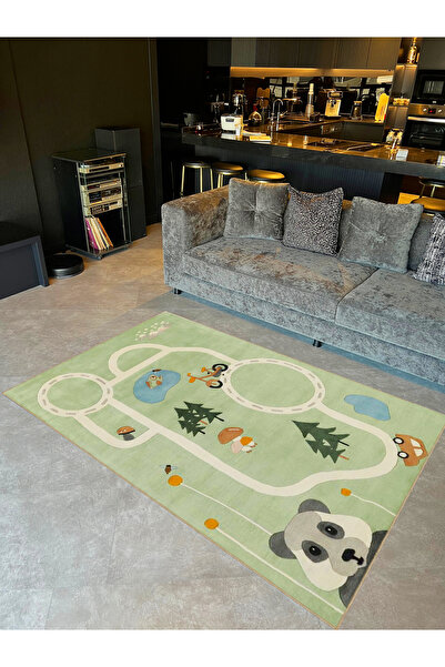 Rugs Modern Halı Tuğrul Koleksiyonu Yeşil Ton Panda ve Bisiklet Yolu Desenli ...