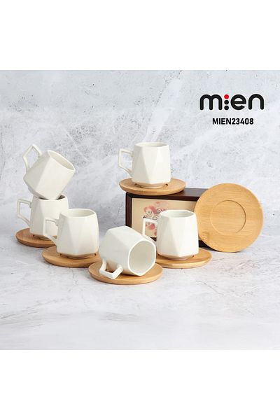 MİEN Mien 6 Personality Bamboo Saucer Cups Set-Porcelain Coffee Cup