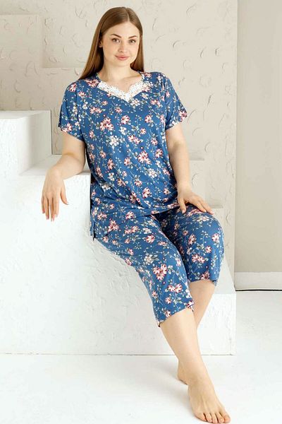 ALİMER Indigo Spring Branch Broken Dark Shield Big Size Bermuda Pajama Set